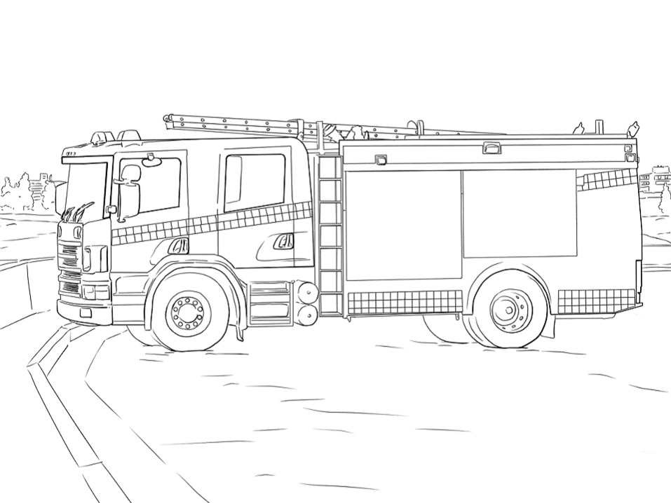 Dibujo de Camión de Bomberos en la Carretera para Colorear