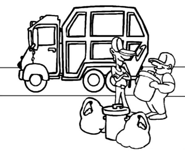 Dibujo de Camin de Basura y Dos Recolectores de Basura para Colorear