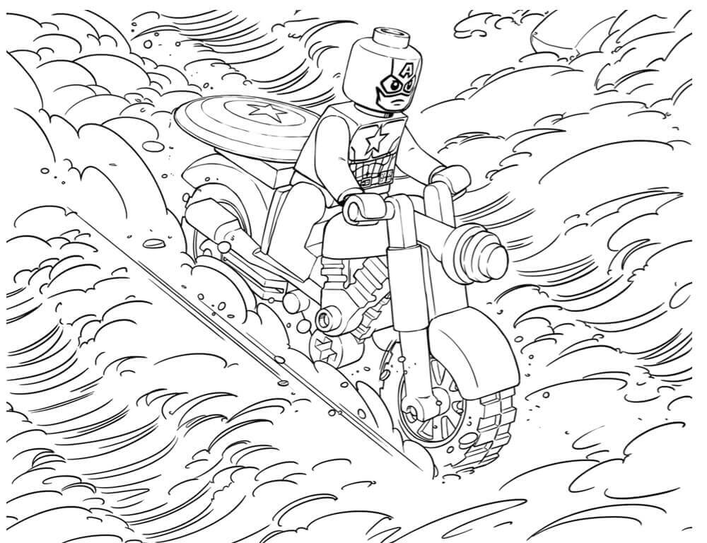 Dibujo de Lego capitán América Montando en Moto para Colorear