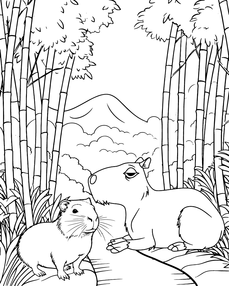 Dibujo de Capybara And Friend In Bamboo Forest Coloring Page para Colorear