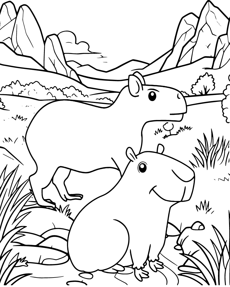 Dibujo de Capybara Family Coloring Page para Colorear