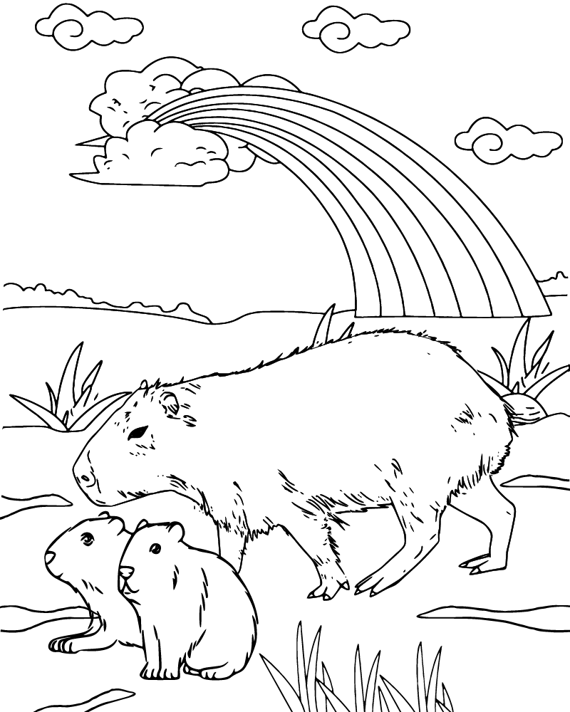 Dibujo de Capybara Family Under The Rainbow Coloring Page para Colorear