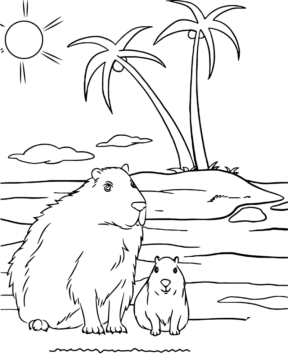 Dibujo de Capybara Mother And Baby On Tropical Island Coloring Page para Colorear