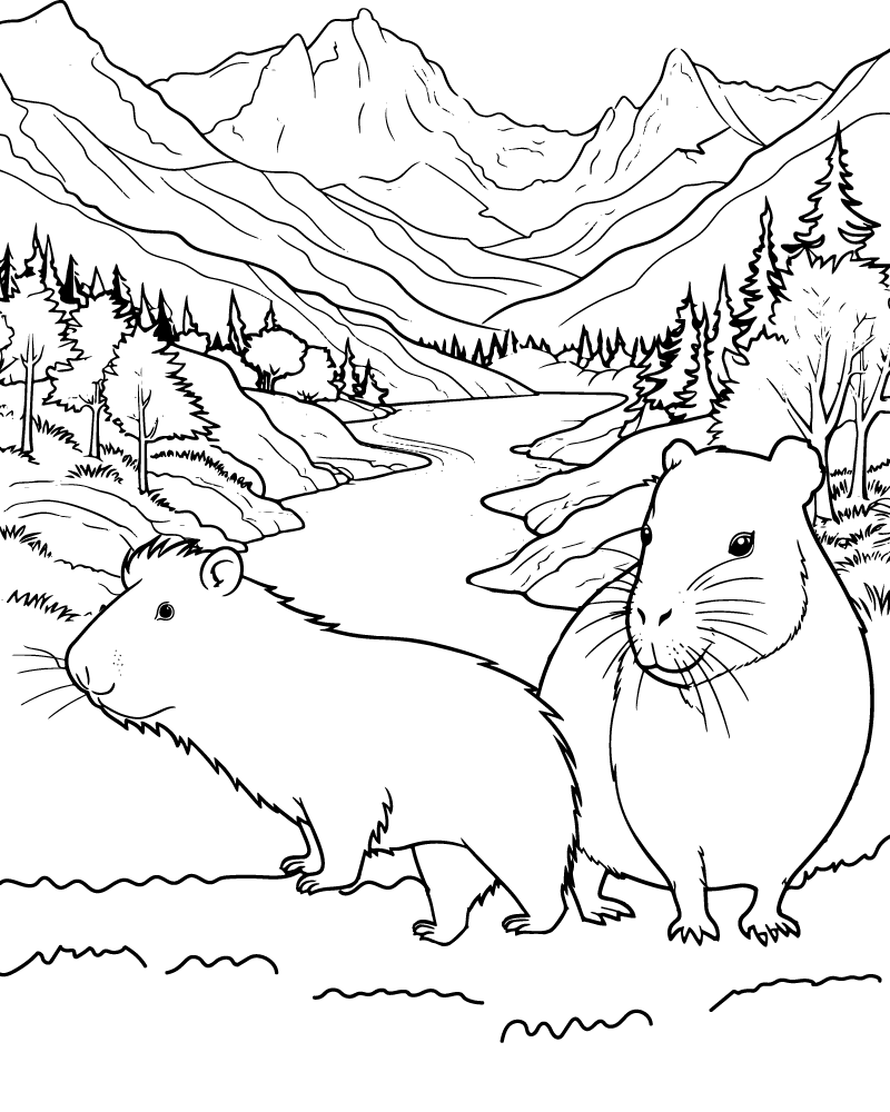 Dibujo de Capybaras In The Mountain Valley Coloring Page para Colorear