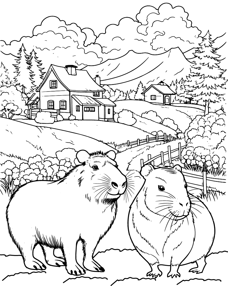 Dibujo de Capybaras Near Cozy Farmhouse Coloring Page para Colorear