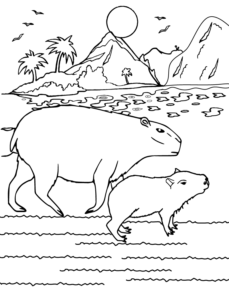 Dibujo de Capybaras Strolling By The Beach Coloring Page para Colorear