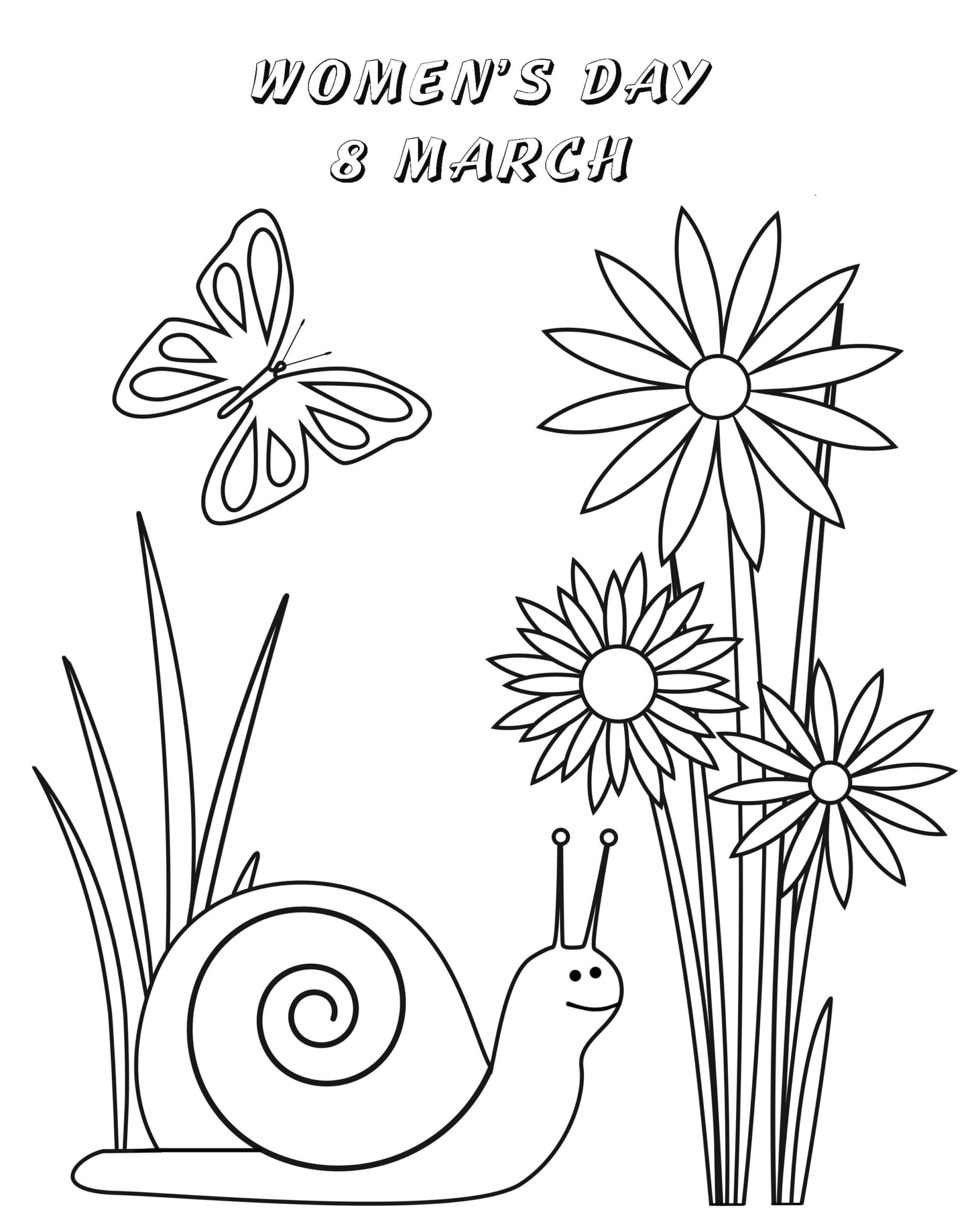 Dibujo de Feliz día de la Mujer y Caracol para Colorear