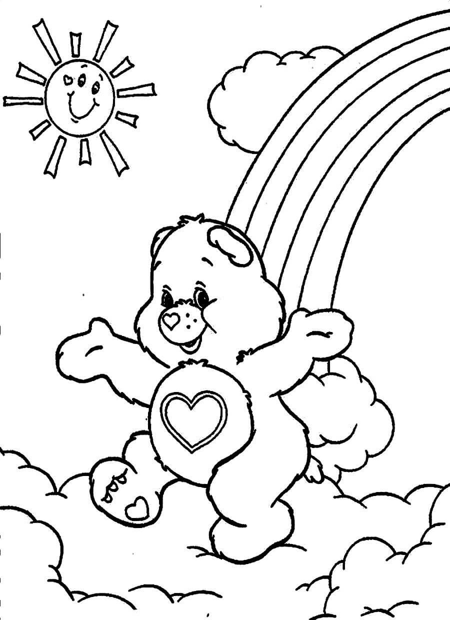 Dibujo de Oso Carioso y Arco Iris para Colorear
