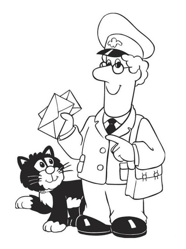 Dibujo de Cartero Pat Sonriendo y Gato para Colorear