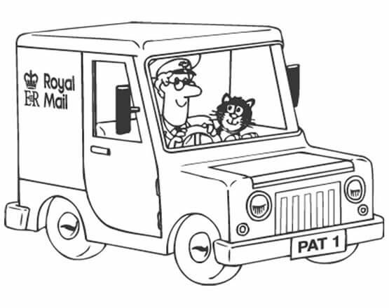 Dibujo de Cartero Pat y Gato en el Coche para Colorear