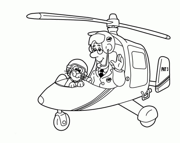 Dibujo de Cartero Pat y Su Gato en Helicptero para Colorear