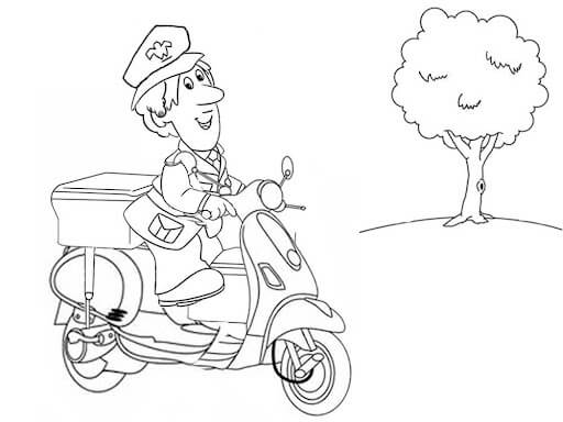 Dibujo de El Cartero Pat Monta una Motocicleta para Colorear