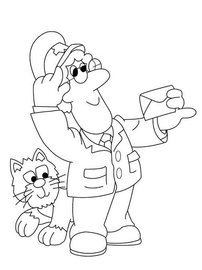 Dibujo de El Cartero Pat y Su Gato en Moto para Colorear