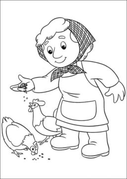 Dibujo de La Esposa del Cartero Pat Da de Comer a las Gallinas para Colorear