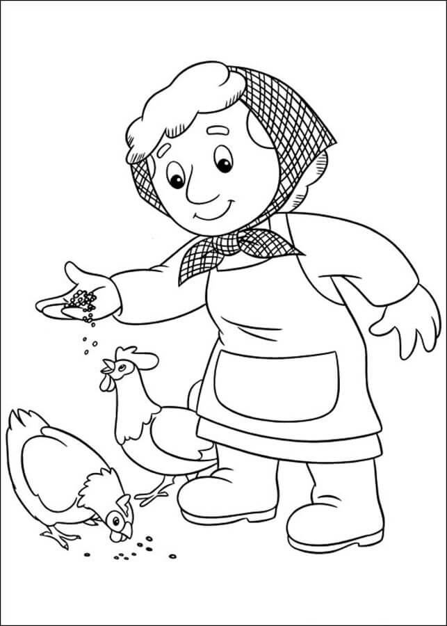 Dibujo de La Esposa del Cartero Pat Da de Comer a las Gallinas para Colorear