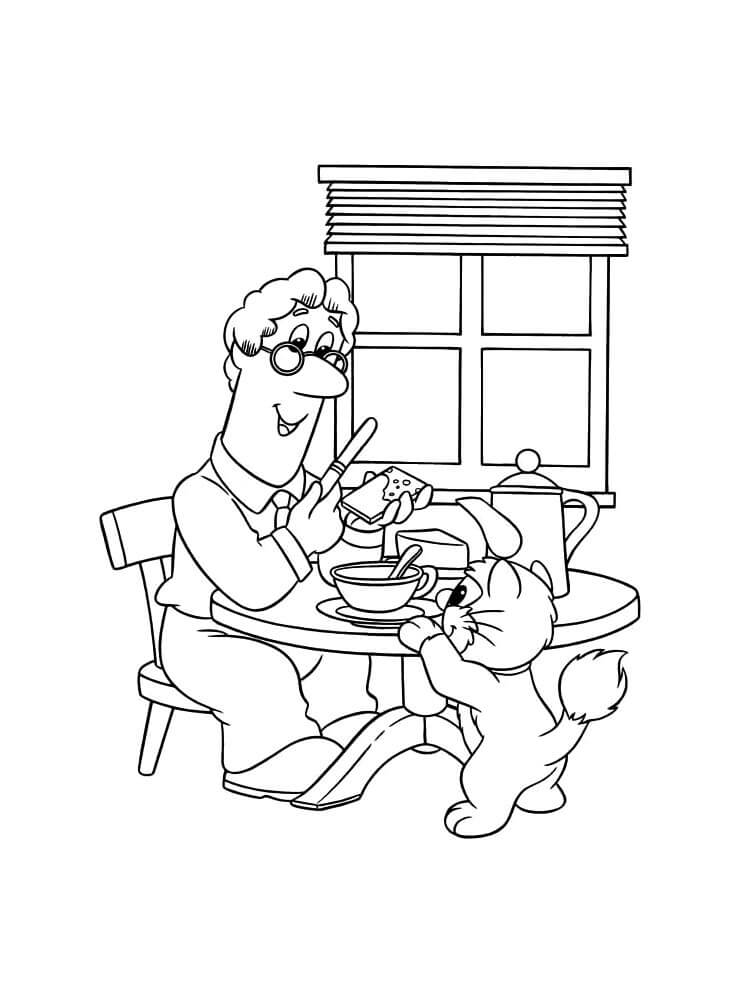 Dibujo de Pat el Cartero y el Gato Comiendo para Colorear