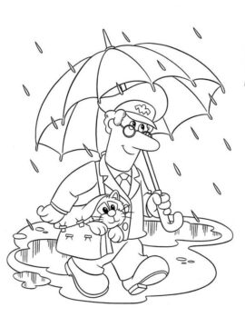 Dibujo de Pat el Cartero y Su Gato Caminando Bajo la Lluvia para Colorear