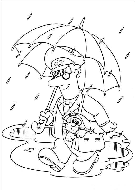 Dibujo de Cartero con Gato Caminando Bajo la Lluvia para Colorear