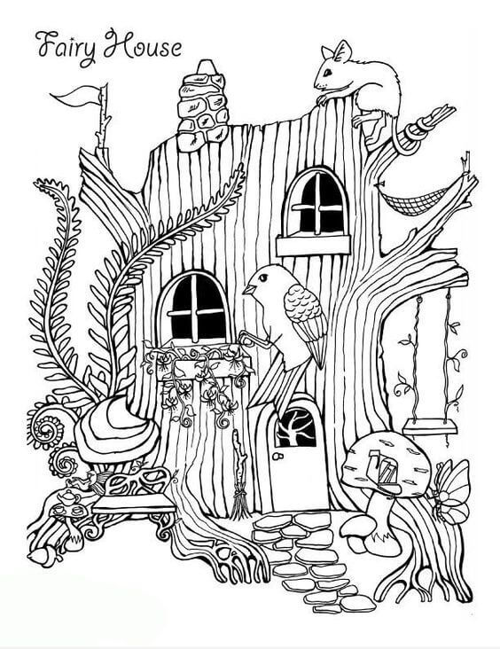Dibujo de Casa de Hadas con Animal para Colorear