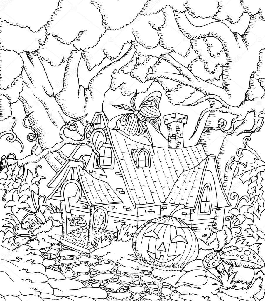 Dibujo de Casa de Hadas en Halloween para Colorear