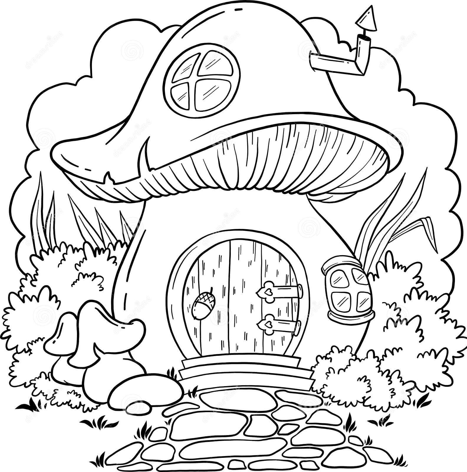 Dibujo de Hongo de la Casa de Hadas para Colorear