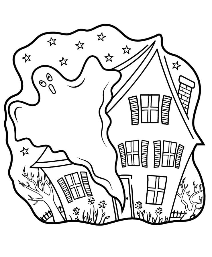 Dibujo de Casas Encantadas con Fantasma para Colorear