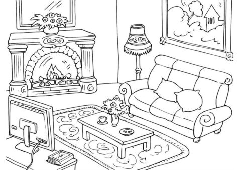 Dibujo de Sala de Estar con Calentador para Colorear