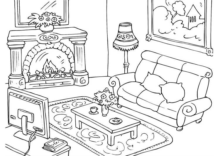 Dibujo de Sala de Estar con Calentador para Colorear