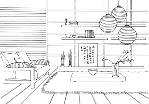 Dibujo de Sala de Estar Japonesa para Colorear