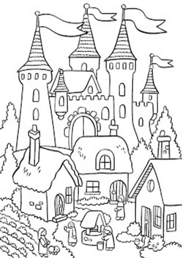 Dibujo de Aldeanos y Castillos para Colorear