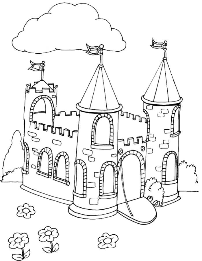 Dibujo de Castillo con Nube y Flores para Colorear