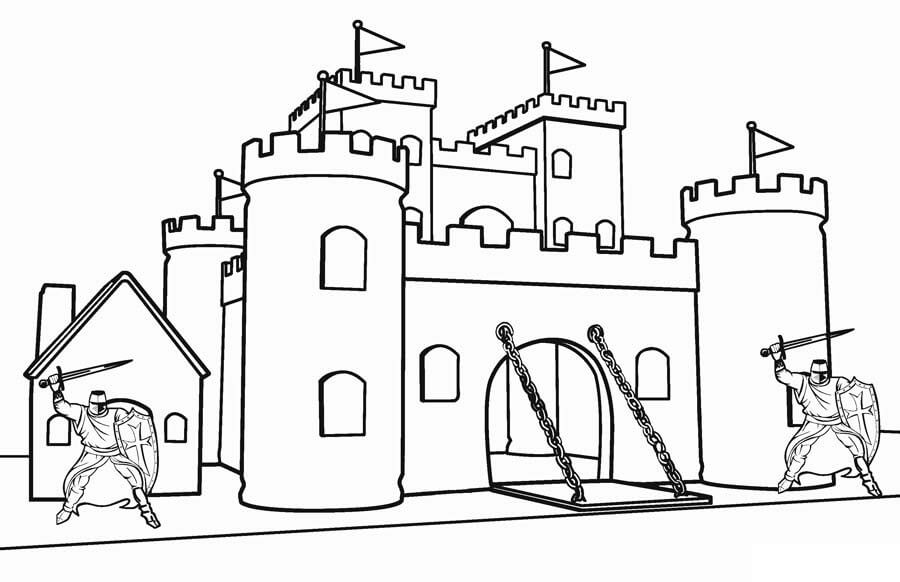 Dibujo de Dos Caballeros en el Castillo para Colorear