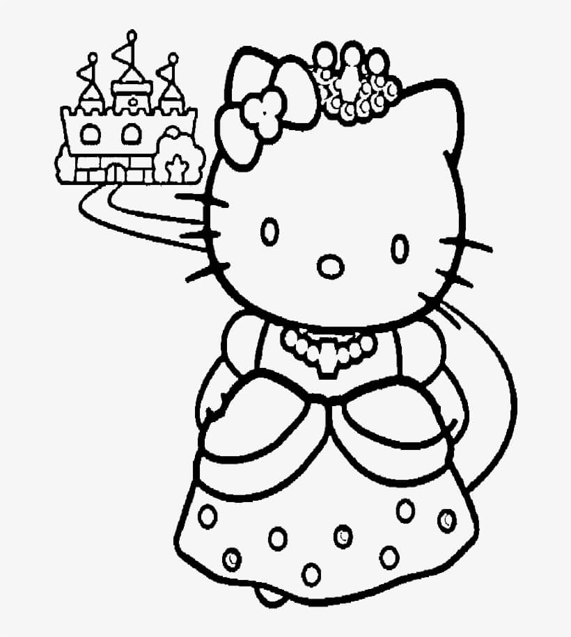 Dibujo de Hello Kitty y un Bonito Castillo para Colorear