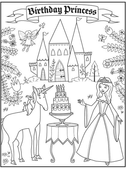Dibujo de Princesa de Cumpleaos en el Castillo para Colorear
