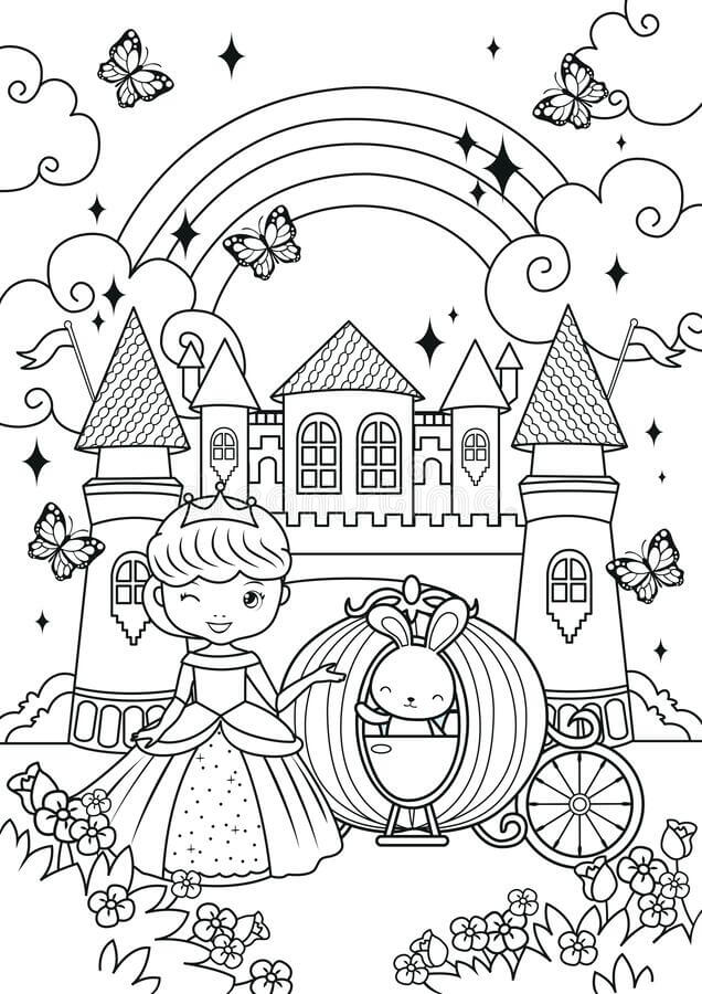 Dibujo de Princesa y Conejito en el Castillo para Colorear
