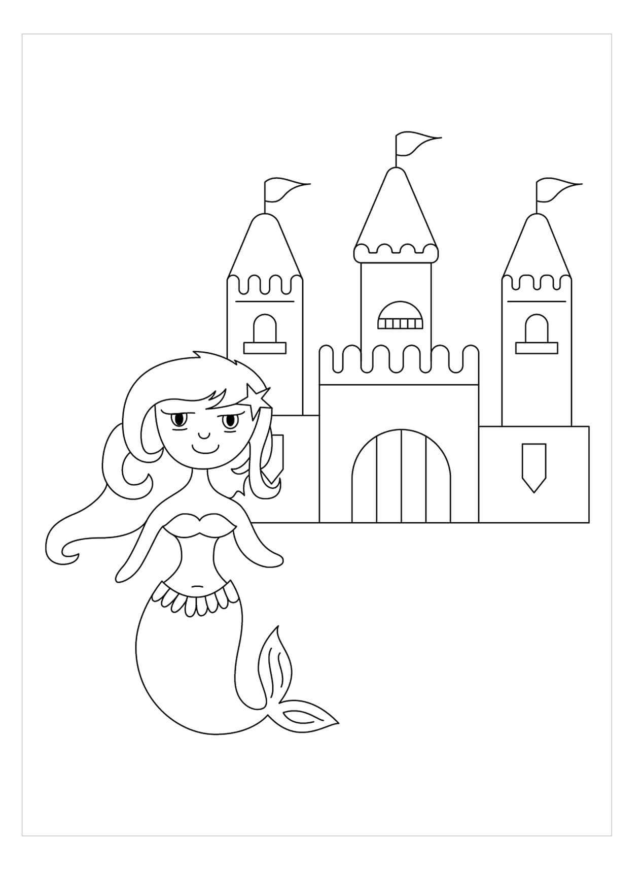 Dibujo de Sirena con Castillo para Colorear