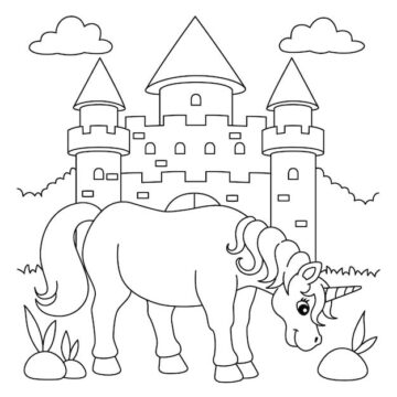 Dibujo de Unicornio Gordo con Castillo para Colorear