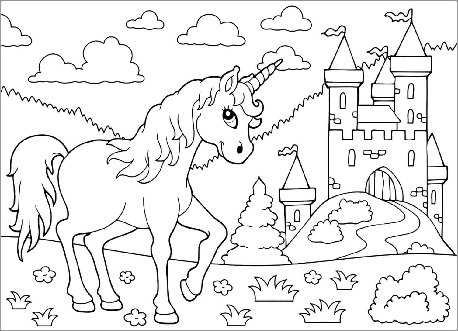 Dibujo de Unicornio y Castillo para Colorear