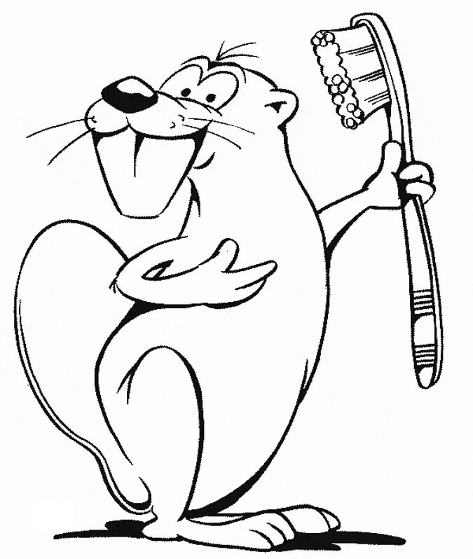 Dibujo de Castor Sosteniendo un Cepillo de Dientes para Colorear