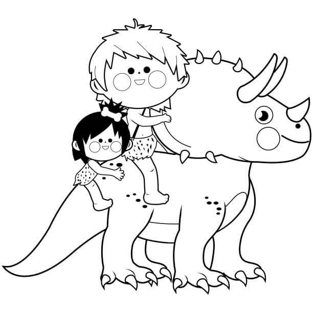 Dibujo de Dos Nios Caverncolas Montando Triceratops para Colorear