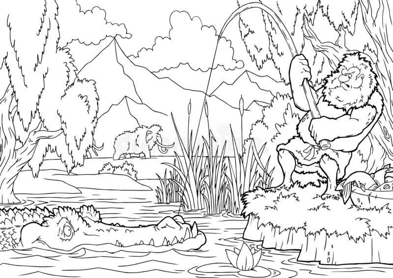 Dibujo de Hombre de las Cavernas Pescando Cocodrilos para Colorear