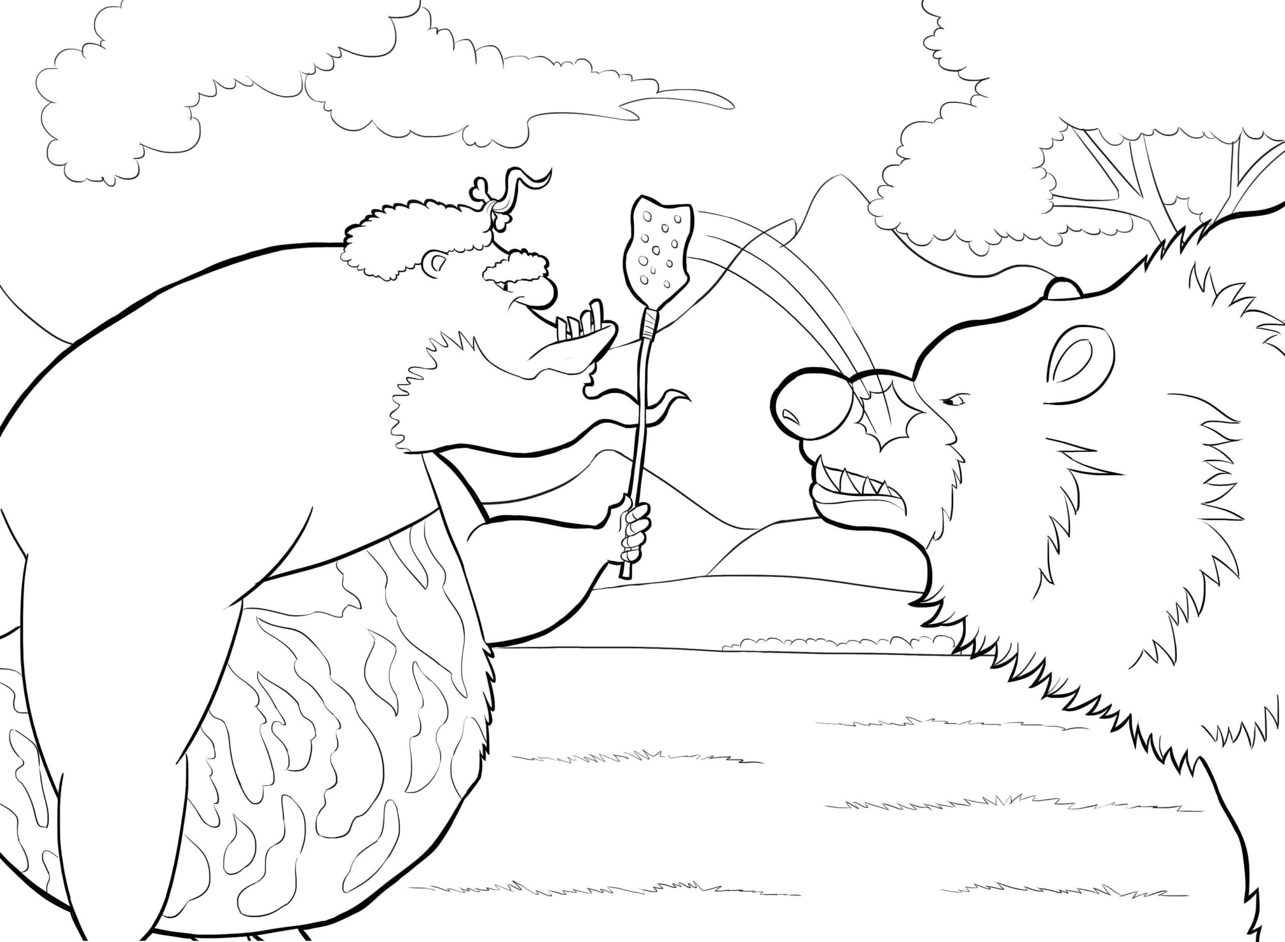 Dibujo de Hombre de las Cavernas y Oso Scaled para Colorear