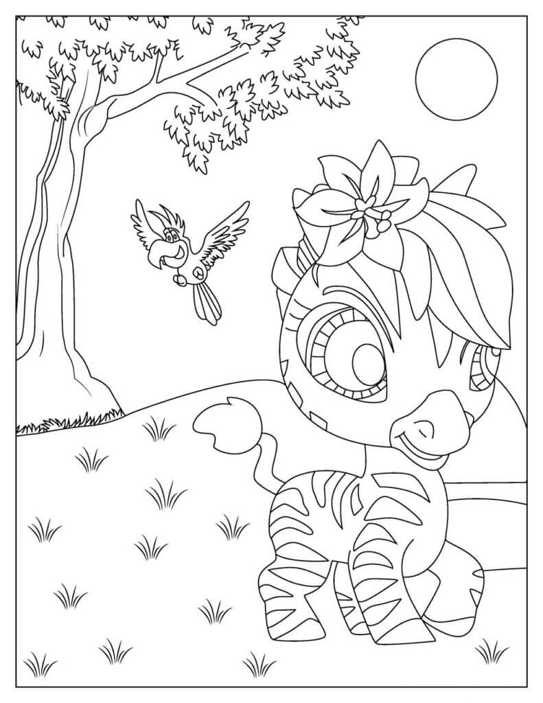 Dibujo de Cebra de Dibujos Animados con Loro para Colorear