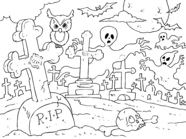 Dibujo de Búho y Fantasma del Cementerio para Colorear