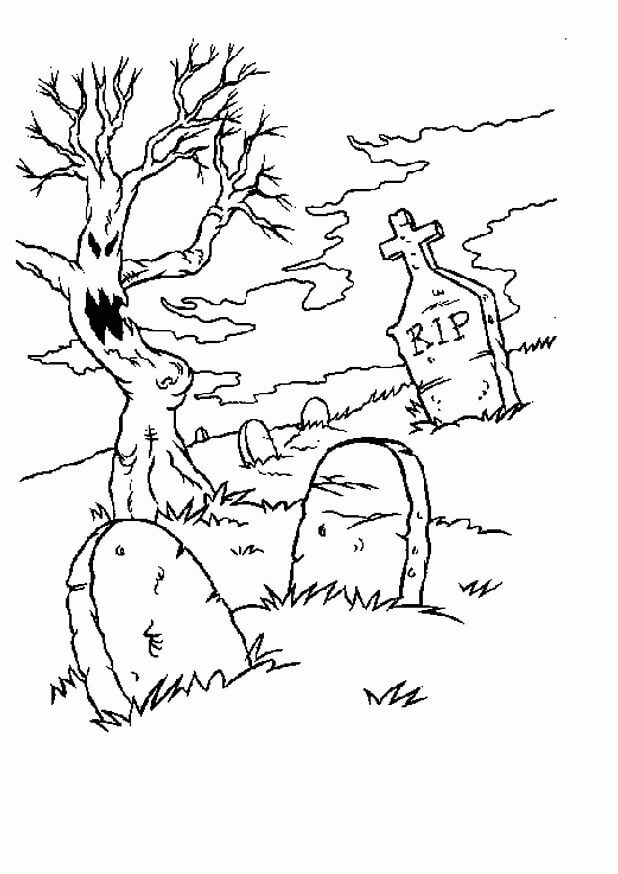 Dibujo de Cementerio con árbol para Colorear