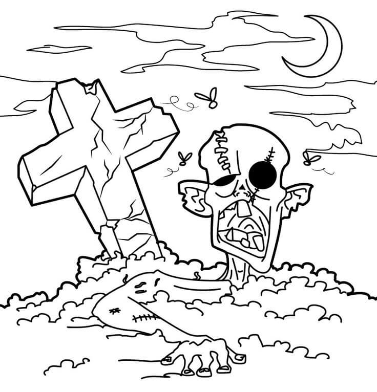 Dibujo de Cementerio con Cabeza Zombi para Colorear