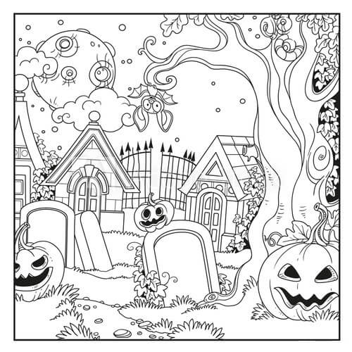 Dibujo de Cementerio de Vispera de Todos los Santos con Calabaza y Murcielago para Colorear