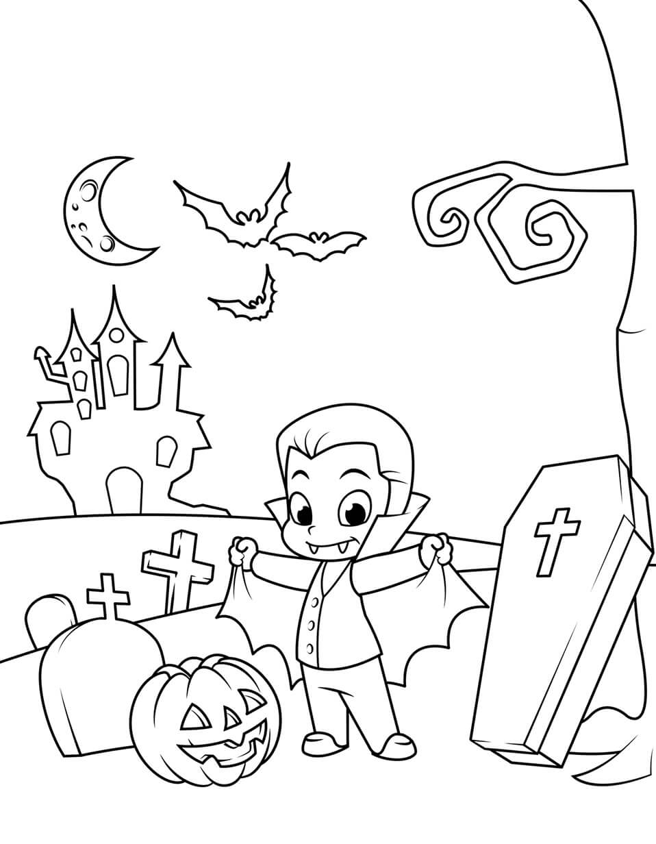 Dibujo de Cementerio Dracula y Calabaza para Colorear