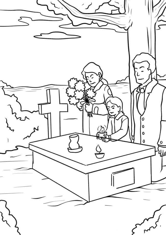 Dibujo de Cementerio y Tres Personas para Colorear