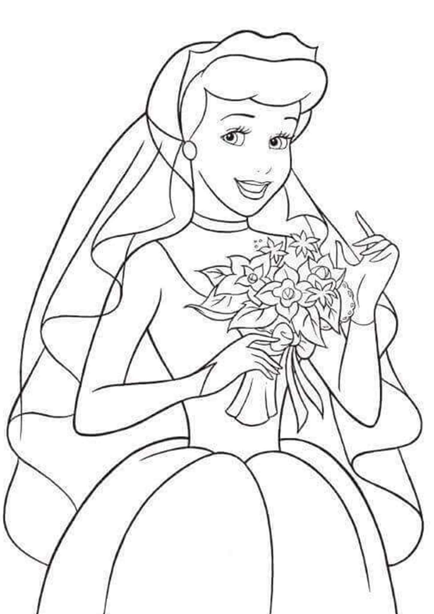 Dibujo de Cenicienta Novia con Ramo de Flores para Colorear